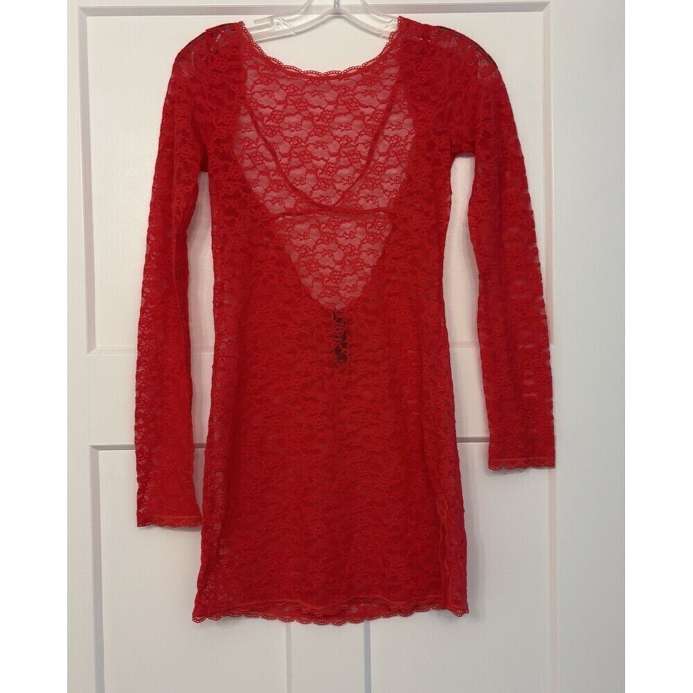 Victoria’s Secret Red Lace Sheer Mini Dress Slit Seam Open Back Lingerie  Size M